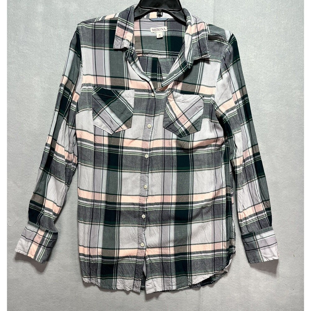 Merona Women’s Medium Plaid Button Front Shirt Gray Pink Black Long Sleeve Rayon